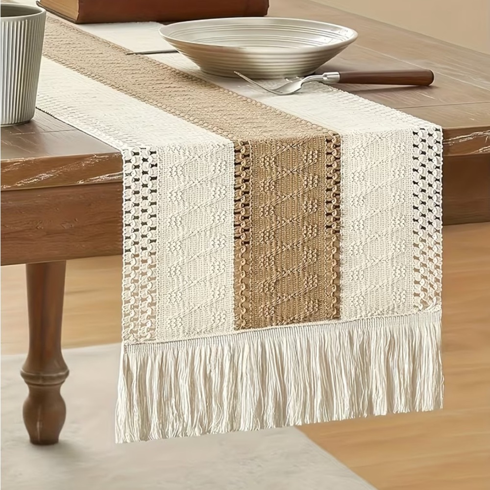 Neutral Boho Woven Table Runner with Fringe – Farmhouse Décor - Picture 7 of 7